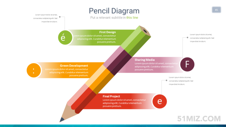 16:9寬屏創(chuàng)意鉛筆并列關系4項ppt圖形