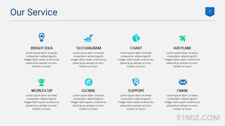 藍(lán)色16:9寬屏8項(xiàng)圖標(biāo)標(biāo)題ppt文字排版