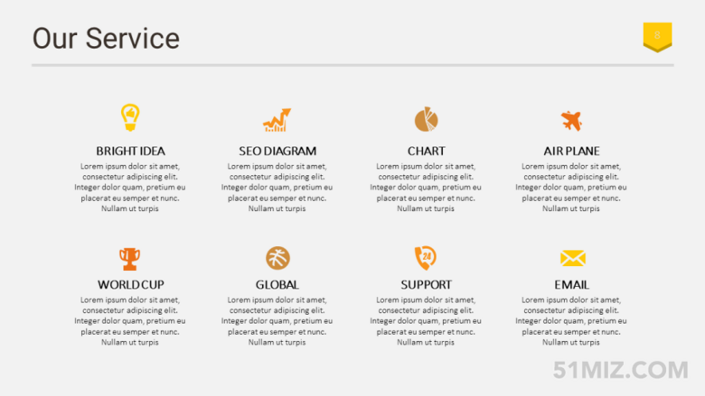 橙色16:9寬屏8項圖標標題ppt文字排版