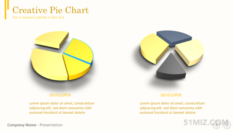 黃色16:9寬屏4項(xiàng)分割雙餅圖ppt模板下載