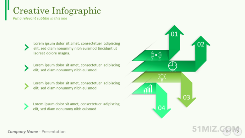 綠色16:9寬屏多彩拐彎箭頭ppt擴(kuò)散圖
