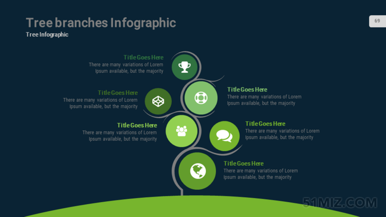 綠色16:9寬屏創(chuàng)意樹枝設(shè)計6項并列關(guān)系ppt素材下載