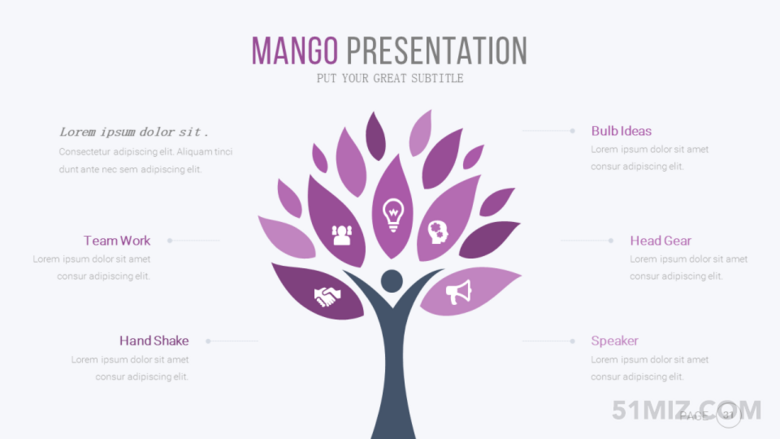 紫色16:9寬屏精美分支樹葉ppt模板